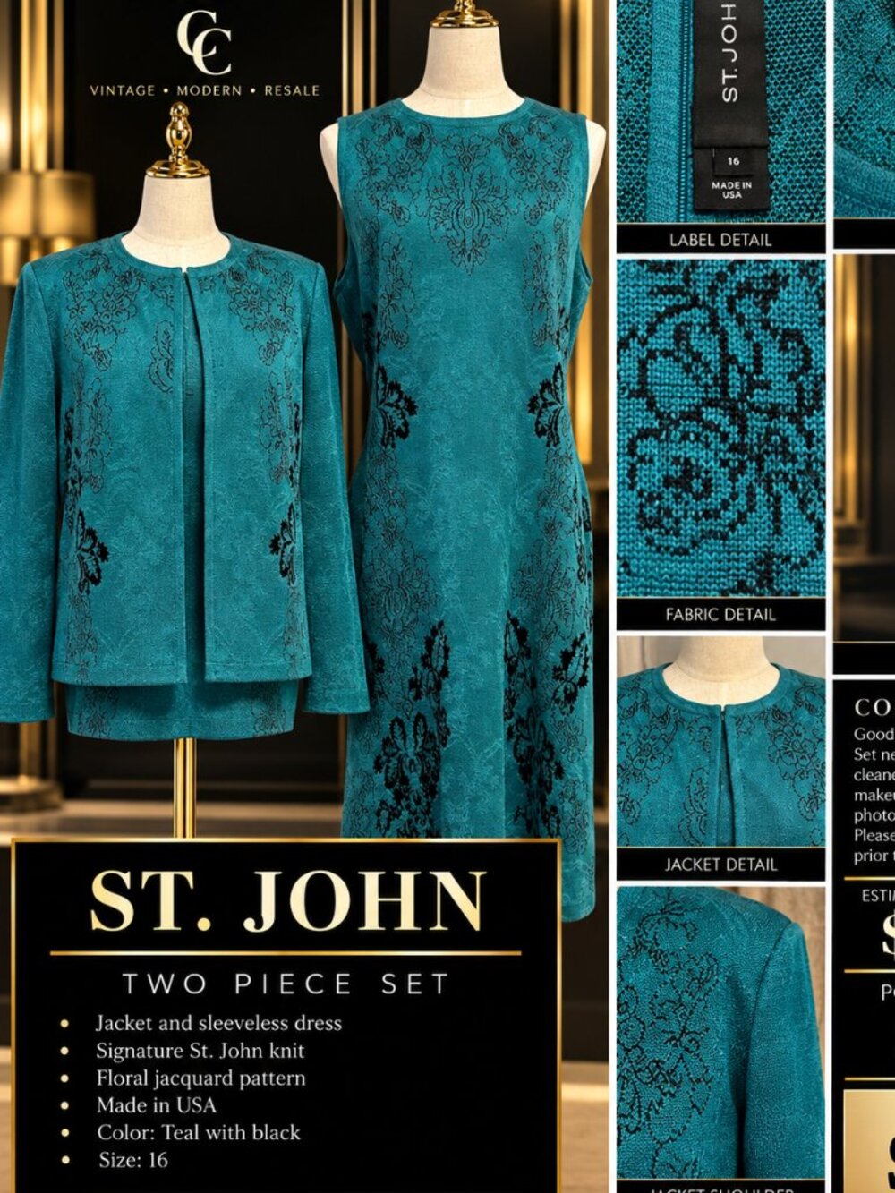 St. John Teal Black Floral Knit Dress Jacket 2 Piece Set Size 16 USA